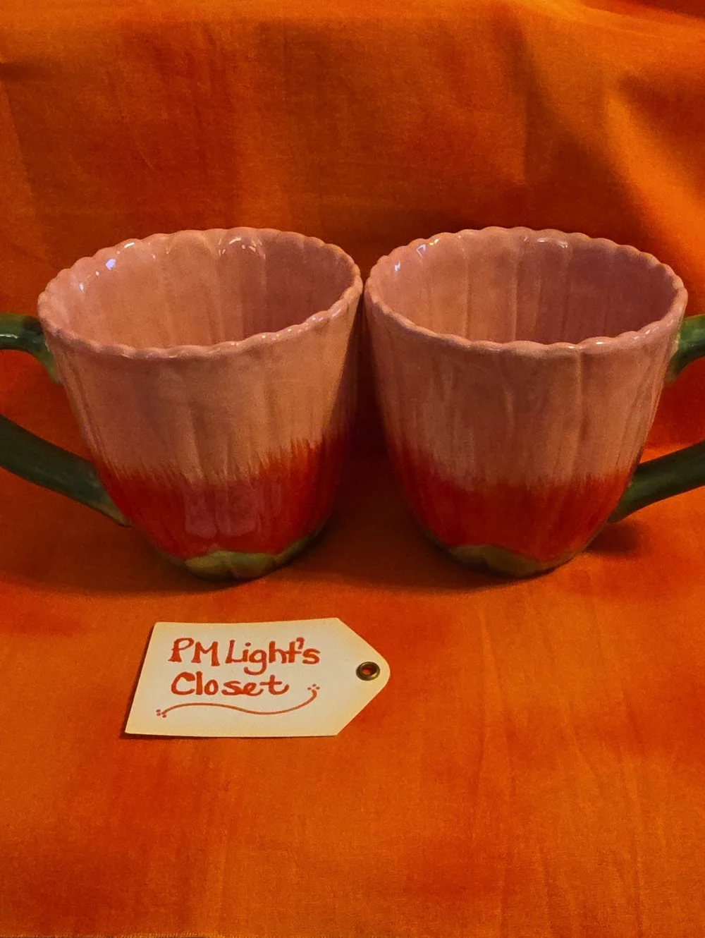 Pier 1 Imports Set of 2 Pink Daisy Flower Mugs Ceramic Pink Red Green